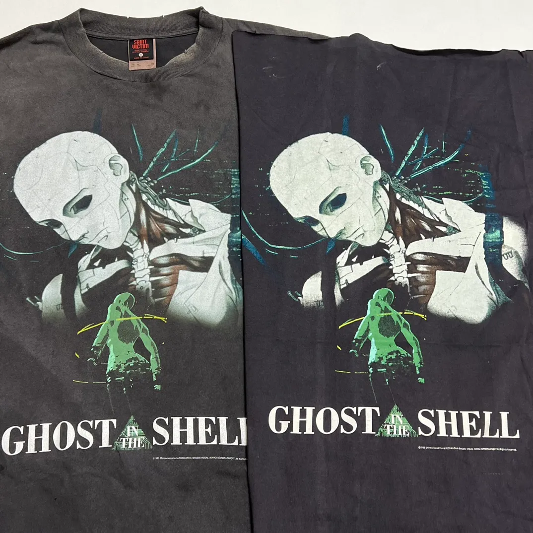 Printing proofing SAINT Mxxxxxx × GHOST IN THE SHELL Ghost in the Shell GS_LS TEE/GITS/BLK Big IP Ghost in the Shell joint model Motoko Kusanagi takes a bath Retro distressed long sleeves with holes Washed black S-XL